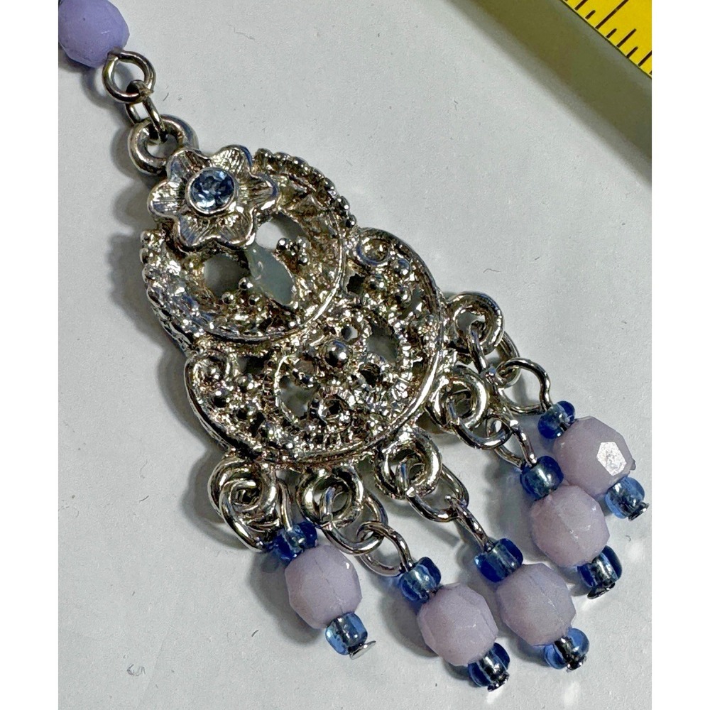 Silver Tone Lavender Blue Beaded Filigree Chandelier Drop Earrings Boho Floral